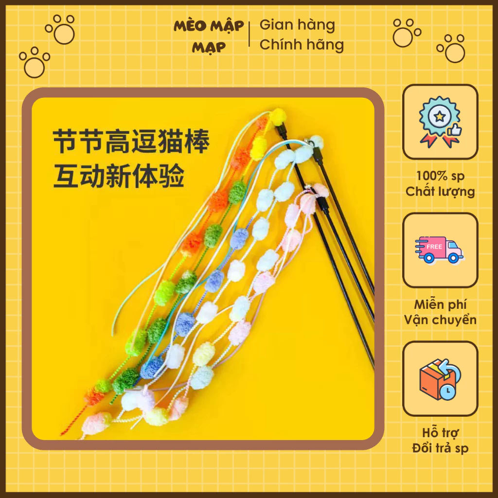 Cần câu mèo, nhiều màu sắc có dây tua rua, chuông lục lạc