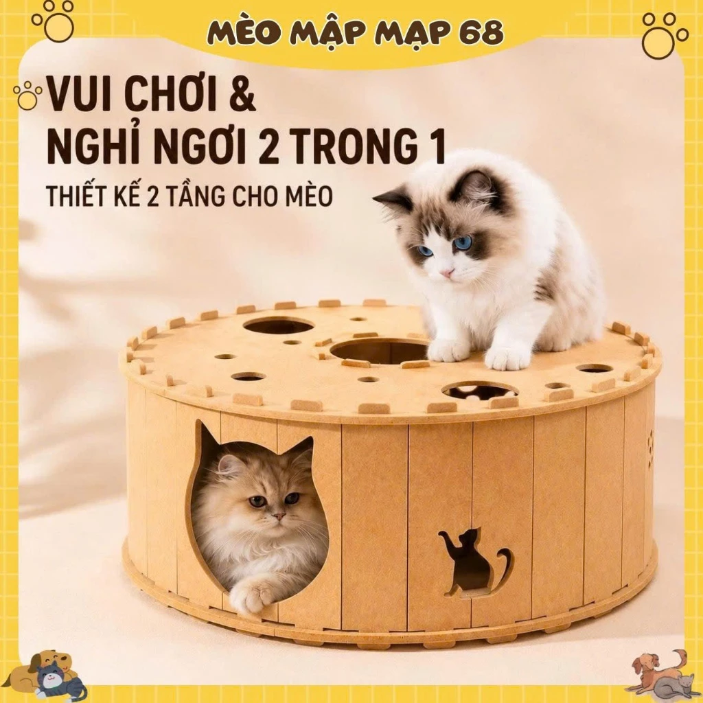 Nhà Ổ Ngủ Cho Mèo Bằng Lông Nhung Cao Cấp Tích Hợp Bàn Chơi Luồn Tay Đục Lỗ - Mèo Mập Mạp - Ảnh 4