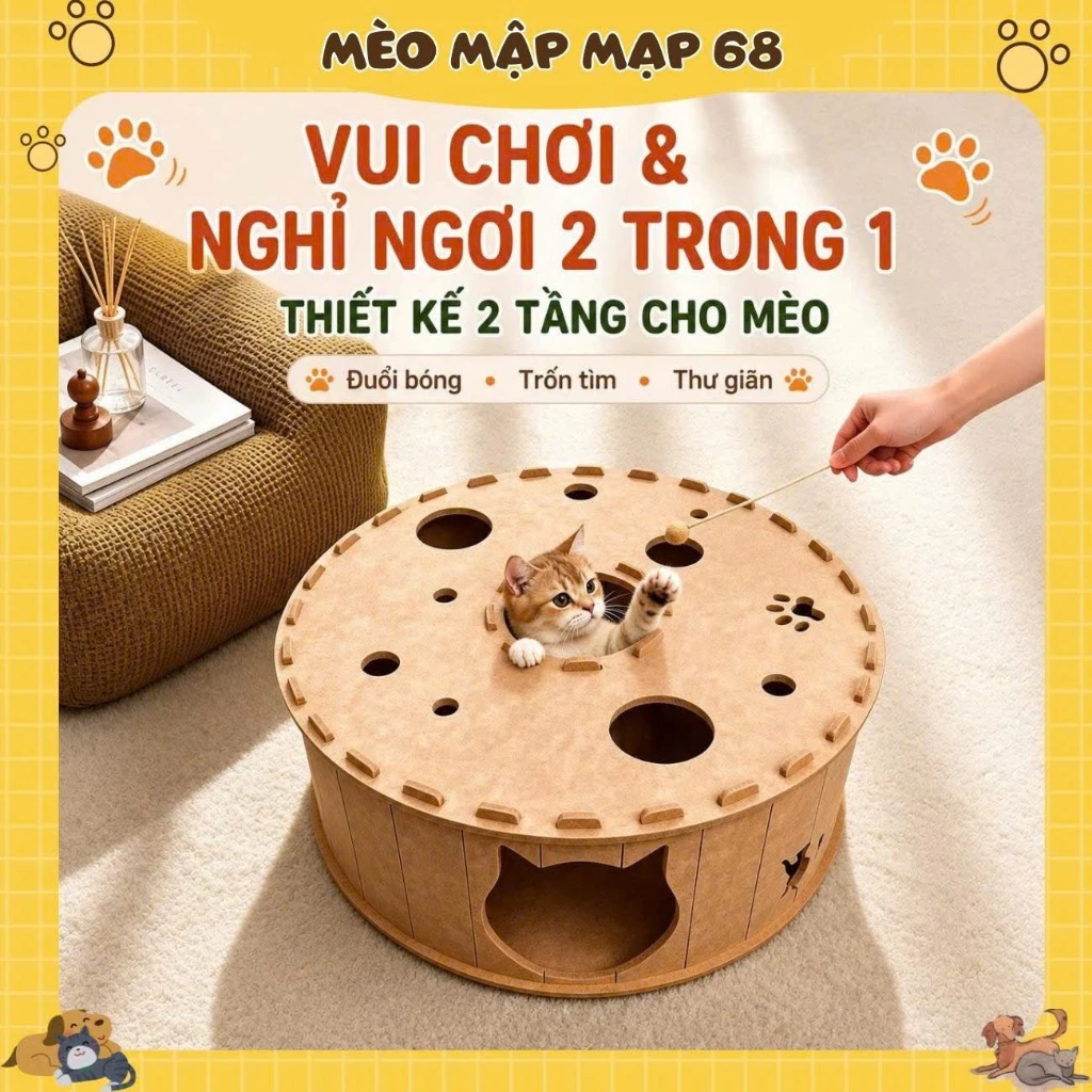 Nhà Ổ Ngủ Cho Mèo Bằng Lông Nhung Cao Cấp Tích Hợp Bàn Chơi Luồn Tay Đục Lỗ - Mèo Mập Mạp - Ảnh 3