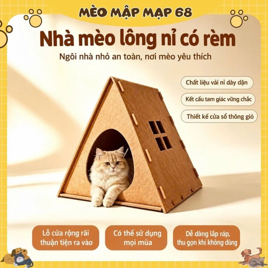 Nhà Ngủ Lắp Ghép Bằng Nỉ Cho Mèo Hình Mái Nhà Căn Hộ Bền Chắc Dùng Bốn Mùa - Ổ Nằm Lắp Ráp Tiện Lợi - Ảnh 4