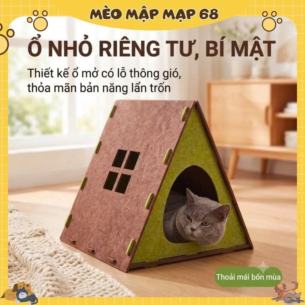 Nhà Ngủ Lắp Ghép Bằng Nỉ Cho Mèo Hình Mái Nhà Căn Hộ Bền Chắc Dùng Bốn Mùa - Ổ Nằm Lắp Ráp Tiện Lợi - Ảnh 3
