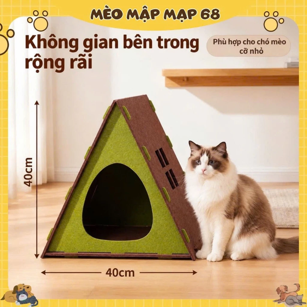 Nhà Ngủ Lắp Ghép Bằng Nỉ Cho Mèo Hình Mái Nhà Căn Hộ Bền Chắc Dùng Bốn Mùa - Ổ Nằm Lắp Ráp Tiện Lợi