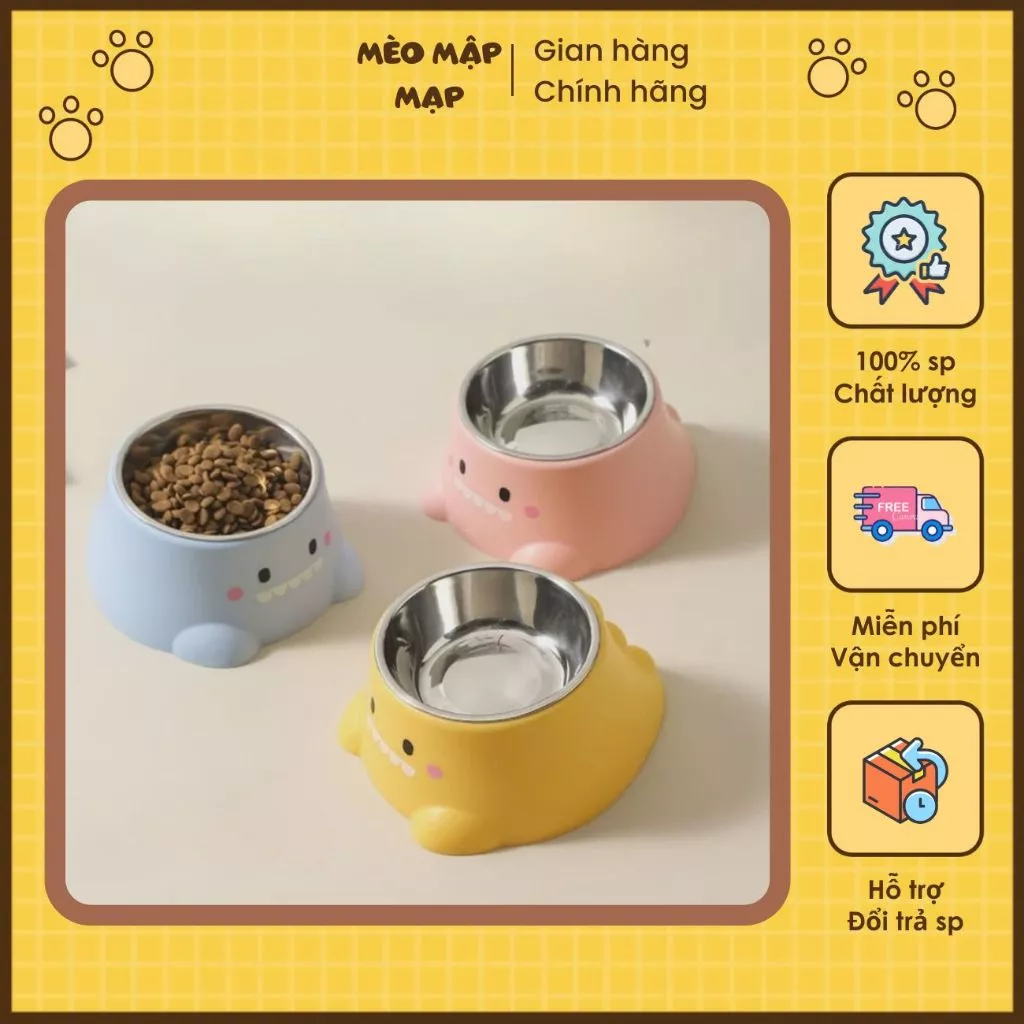 Bát inox khủng long bát đựng thức ăn cho chó mèo thú cưng