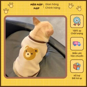 Áo Cho Mèo Họa Tiết Gấu – Áo Thun Thú Cưng Màu Be Dễ Thương, Mặc Quanh Năm