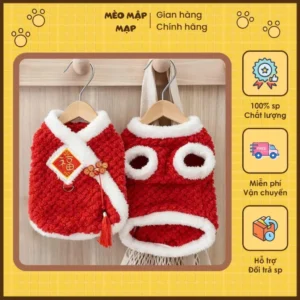 Áo Tết Cho Mèo Mập – Áo Lông Xù Đỏ Phong Cách Trung Hoa, Giữ Ấm Ngày Tết