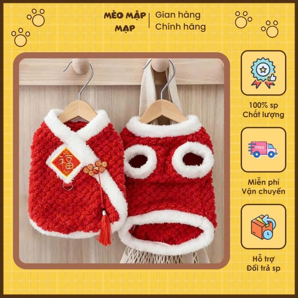 Áo Tết Cho Mèo Mập – Áo Lông Xù Đỏ Phong Cách Trung Hoa, Giữ Ấm Ngày Tết