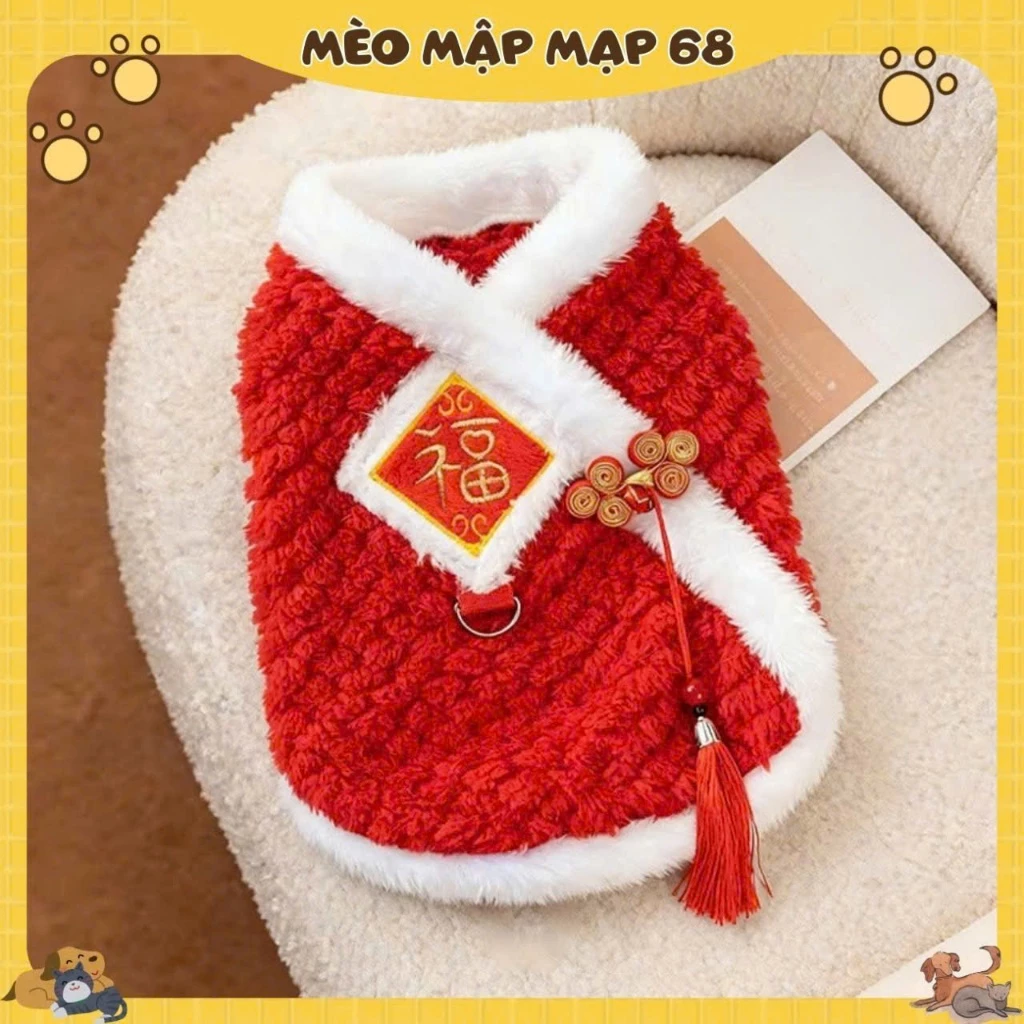 Áo Tết Cho Mèo Mập – Áo Lông Xù Đỏ Phong Cách Trung Hoa, Giữ Ấm Ngày Tết - Ảnh 3