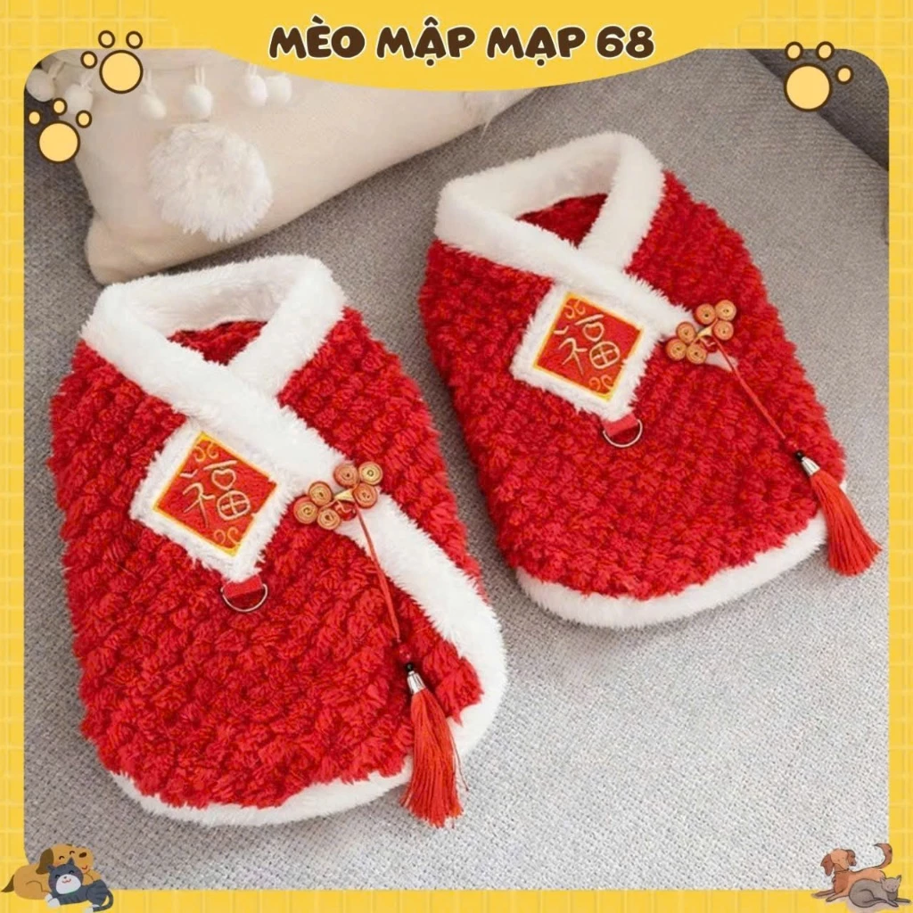 Áo Tết Cho Mèo Mập – Áo Lông Xù Đỏ Phong Cách Trung Hoa, Giữ Ấm Ngày Tết - Ảnh 5
