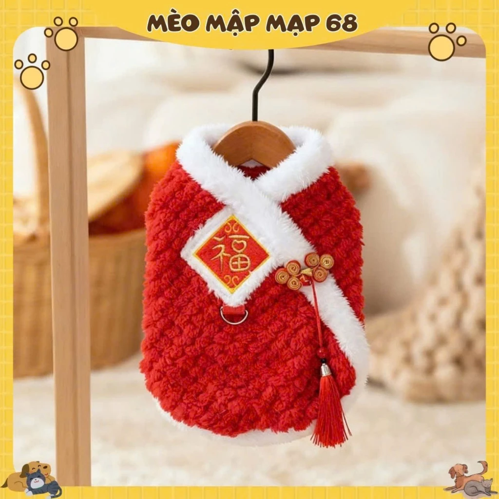 Áo Tết Cho Mèo Mập – Áo Lông Xù Đỏ Phong Cách Trung Hoa, Giữ Ấm Ngày Tết - Ảnh 4